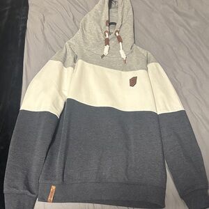 Gray and White Hoodie with Leather Accents